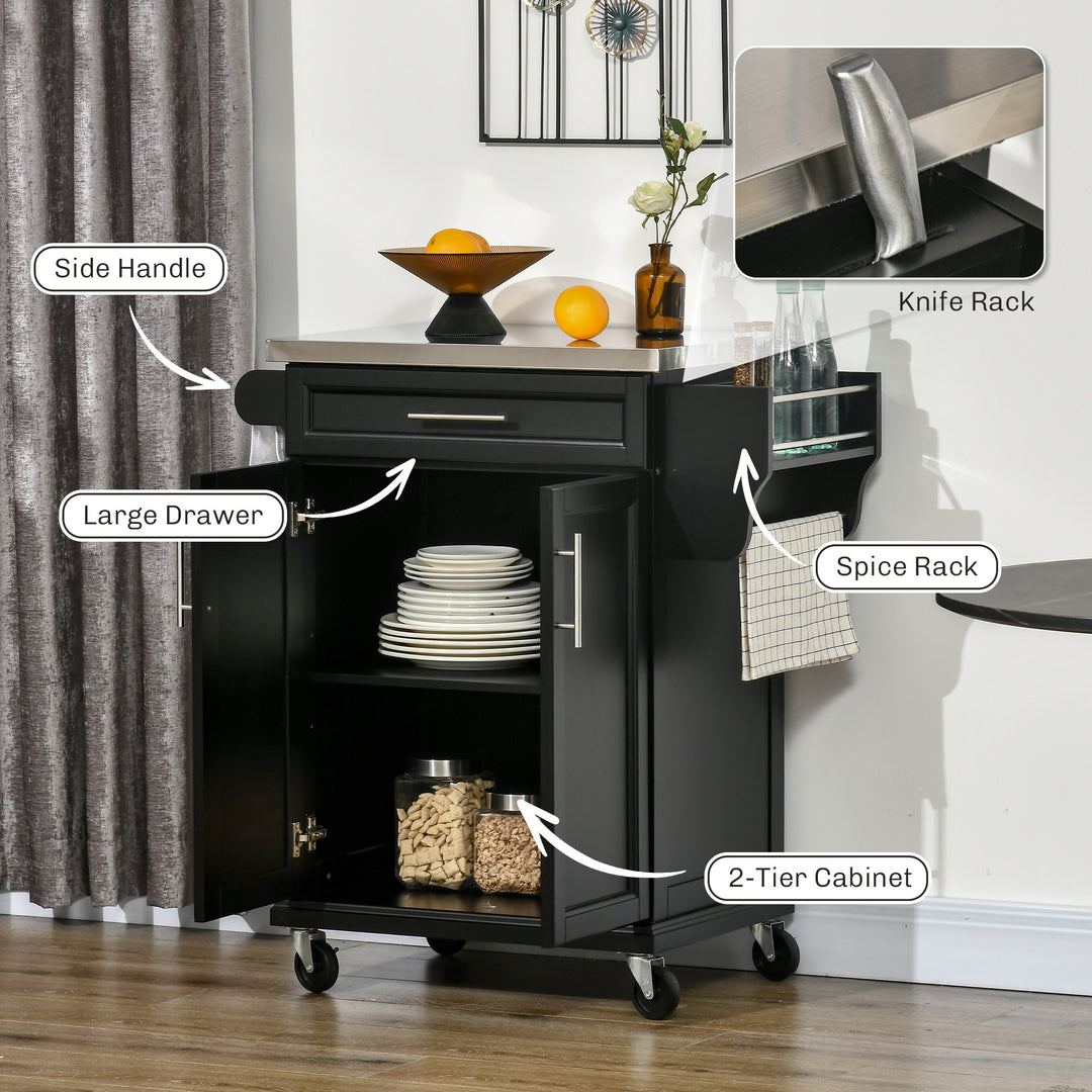 HOMCOM Kitchen Island with Stainless Steel Top, Rolling Kitchen Cart on Wheels with Storage Drawer, Cabinet, Towel Rack and Spice Rack (Black)
