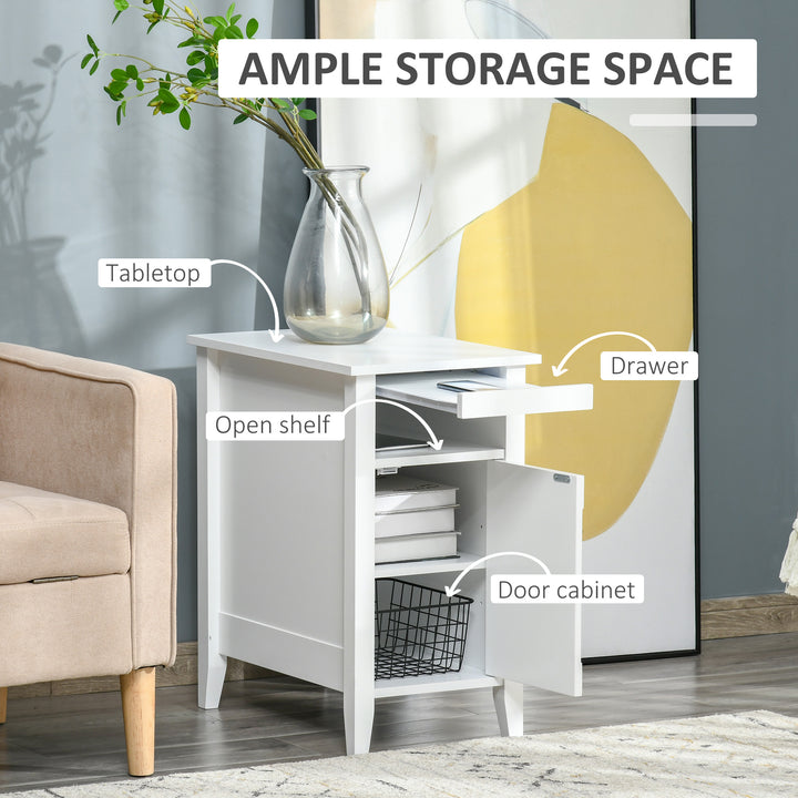 HOMCOM Wooden3-Tier Modern Nightstand with Pullout Shelf, Adjustable Open Shelf, and Door Cabinet, White