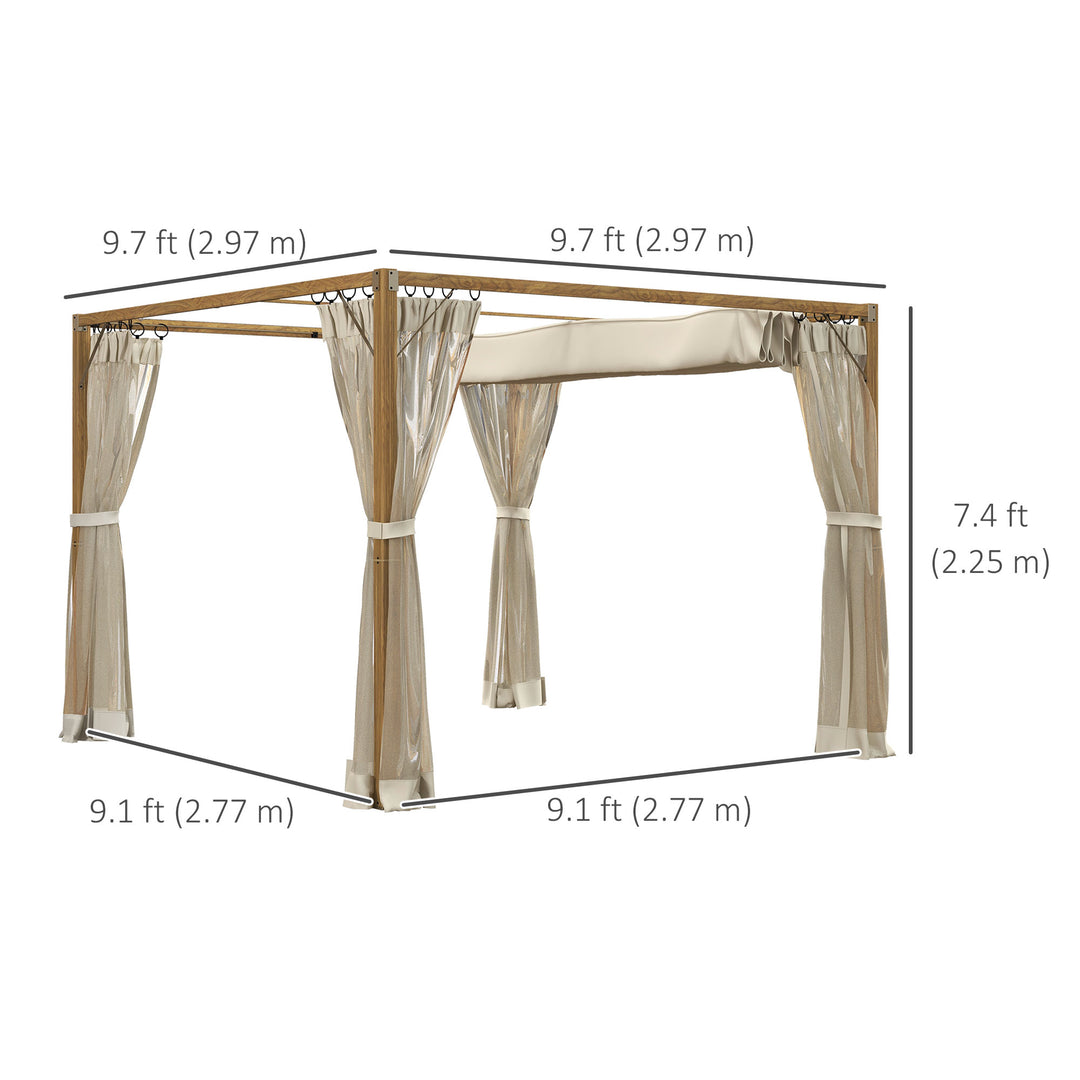 Outsunny 10 x 10 ft Retractable Pergola, Garden Gazebo Shelter with Nettings for Grill, Patio, Deck, Natural