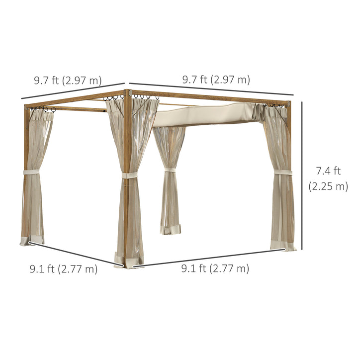 Outsunny 10 x 10 ft Retractable Pergola, Garden Gazebo Shelter with Nettings for Grill, Patio, Deck, Natural