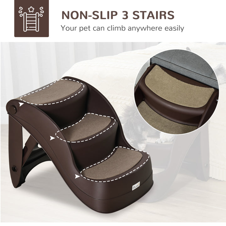 PawHut Portable Pet Stairs Foldable Steps for Small Dogs and Cats 3-Step with Non-slip Treads for Beds Sofas, Brown