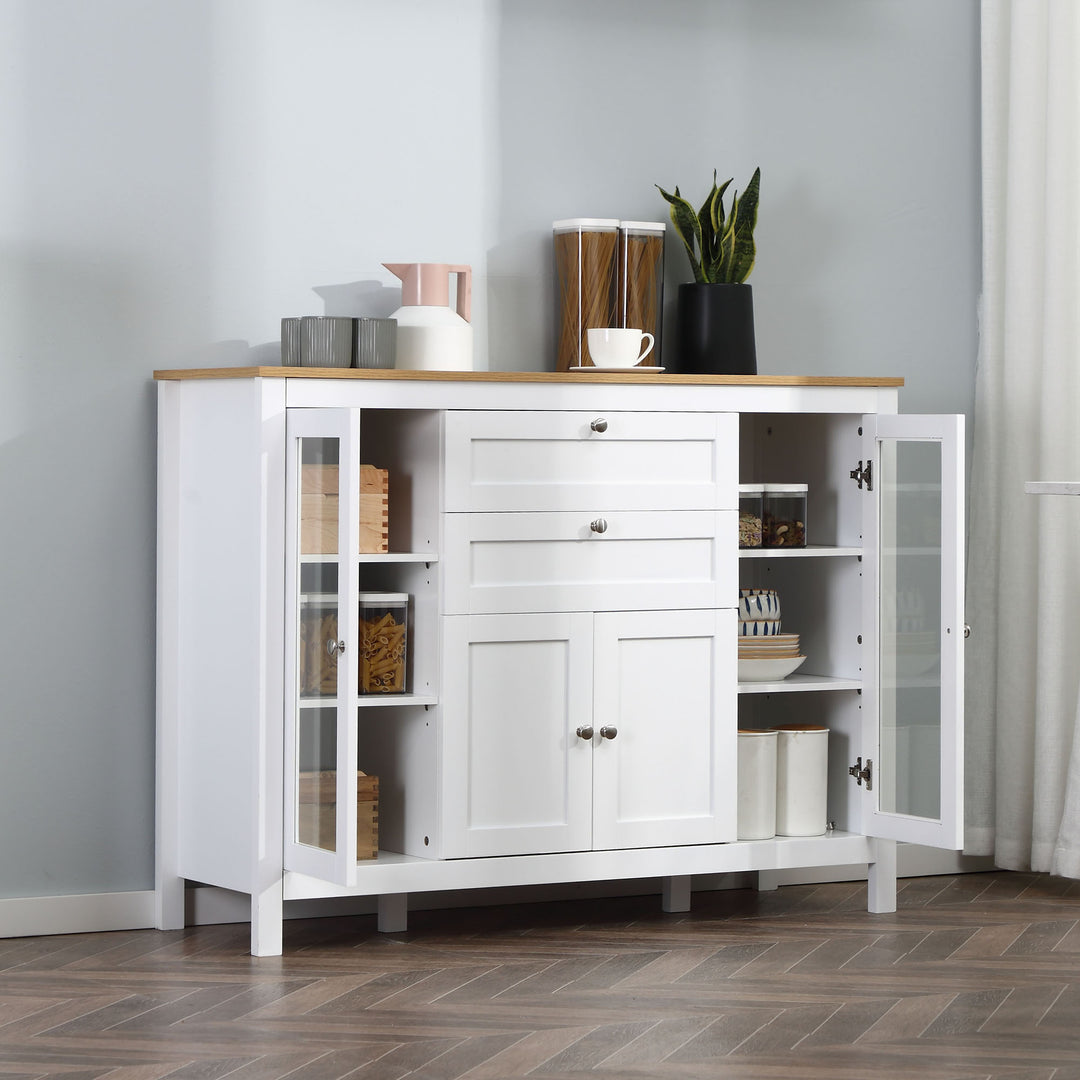 HOMCOM Buffet Cabinet Sideboard with 2 Drawers, 3 Storage Cabinets, Glass Doors and Adjustable Shelves, White
