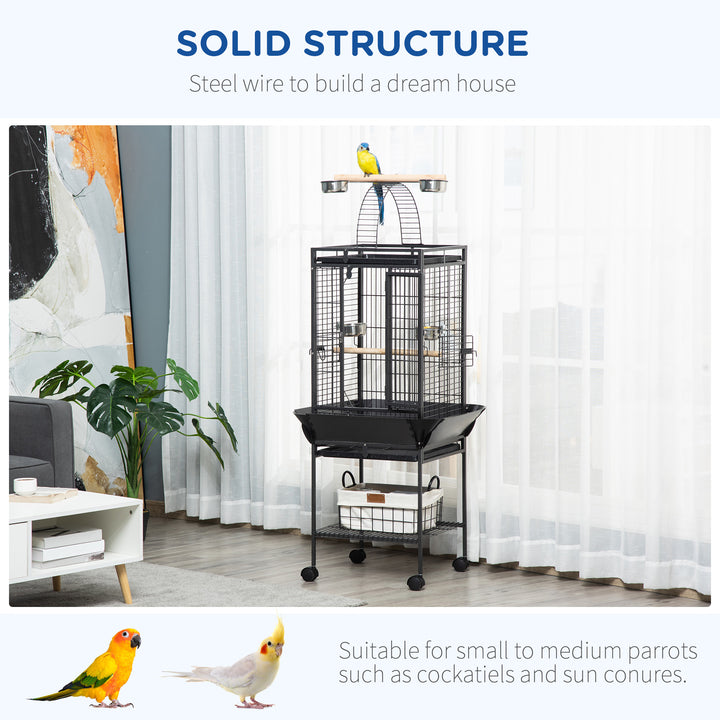 PawHut 61.5 Inch Bird Cage Parakeet House for Cockatiel with Stand, Pull Out Tray, Play Top, Storage Shelf, Wood Perch, Food Container