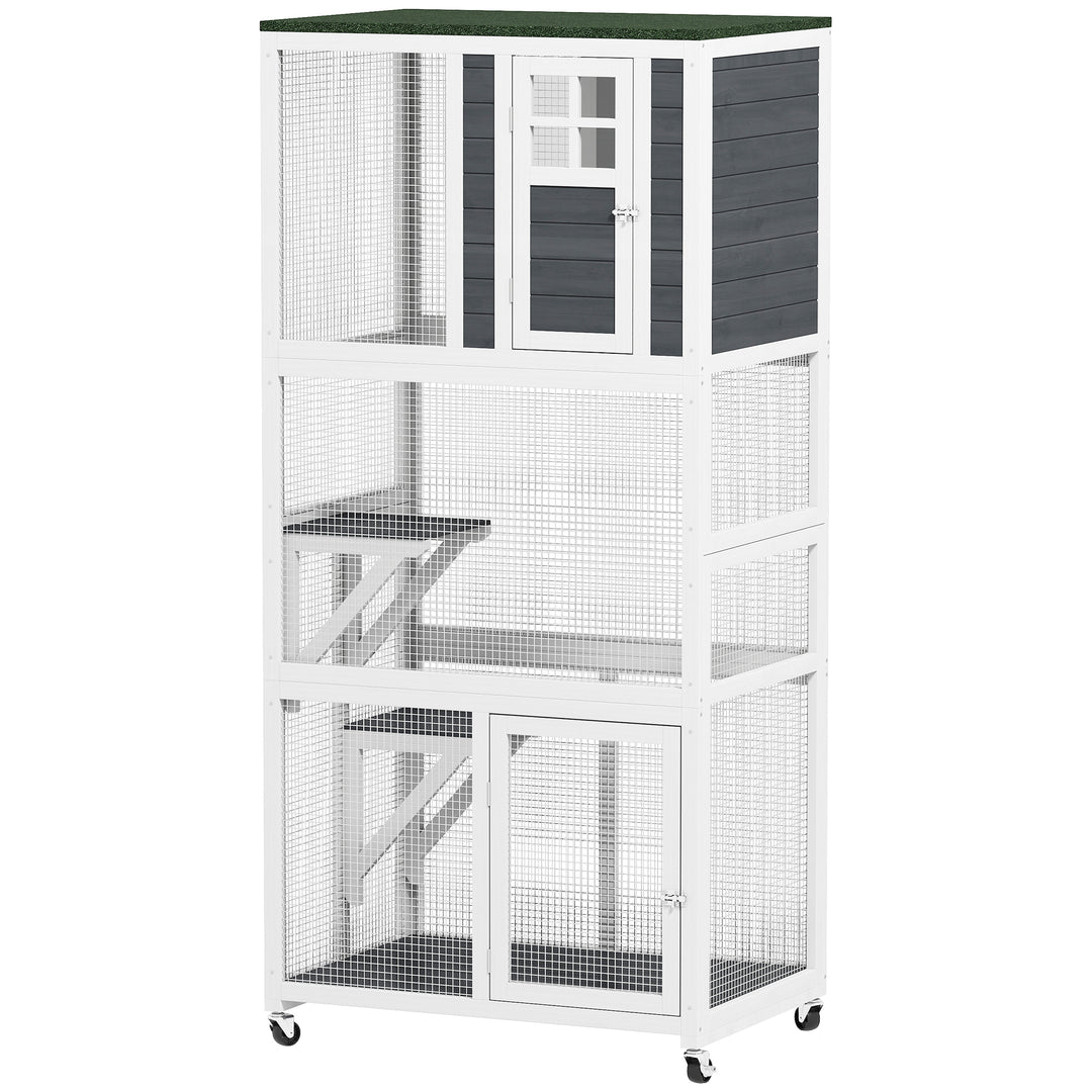 PawHut 74" Wooden Outdoor Cat House Weatherproof & Wheeled with High Weight Capacity, Kitten Cage Condo, White
