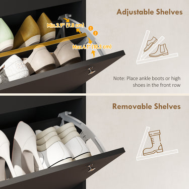 HOMCOM Narrow Shoe Cabinet with 4 Flip Drawers, Shoe Storage Cabinet with Adjustable Shelves, Holds 24–32 Pairs, Black