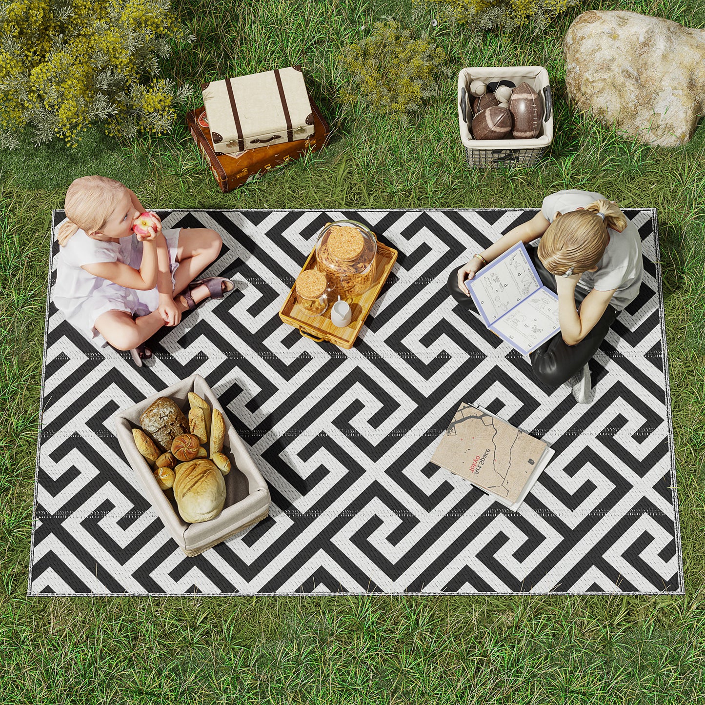 Outsunny Reversible Outdoor RV Rug, Patio Floor Mat, 5' x 8' Plastic Straw Rug for Backyard, Deck, Beach, Camping, Black & White
