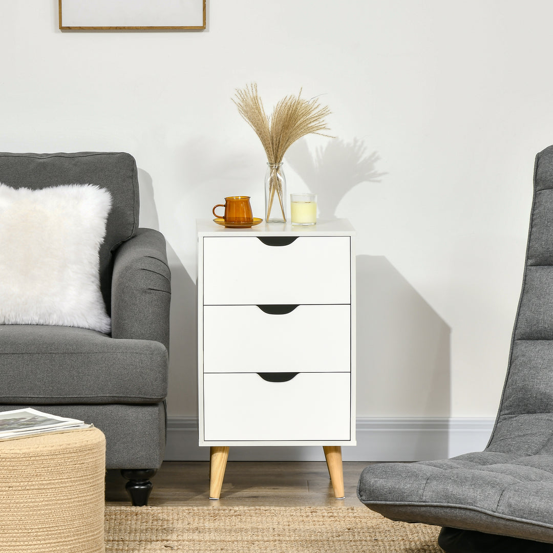 HOMCOM Bedside Table, Modern Nightstand with 3 Drawers, Side End Table with Wood Legs for Living Room, Bedroom, White