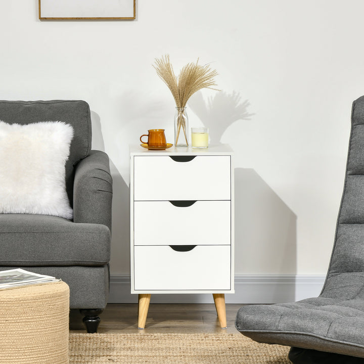 HOMCOM Bedside Table, Modern Nightstand with 3 Drawers, Side End Table with Wood Legs for Living Room, Bedroom, White