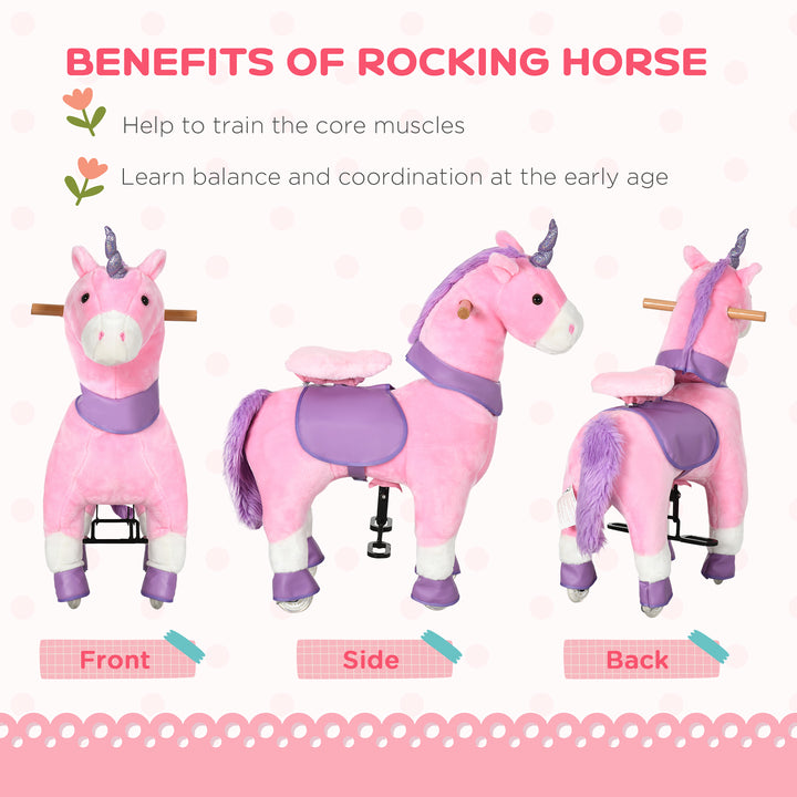 Qaba Ride On Unicorn Walking Horse Mechanical Pony Toy with Wheels Gift for 3-6 Years Girls Boys Pink