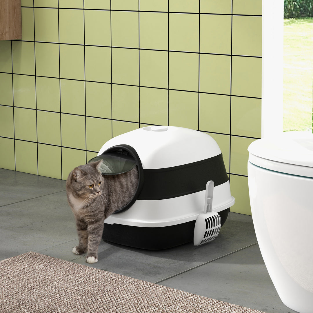 PawHut Foldable Large Cat Litter Box with Lid, Covered Kitten Litter Box w/ Automatic Cat Litter-Proof Sides, Deodorization, Easy to Clean, White and Grey
