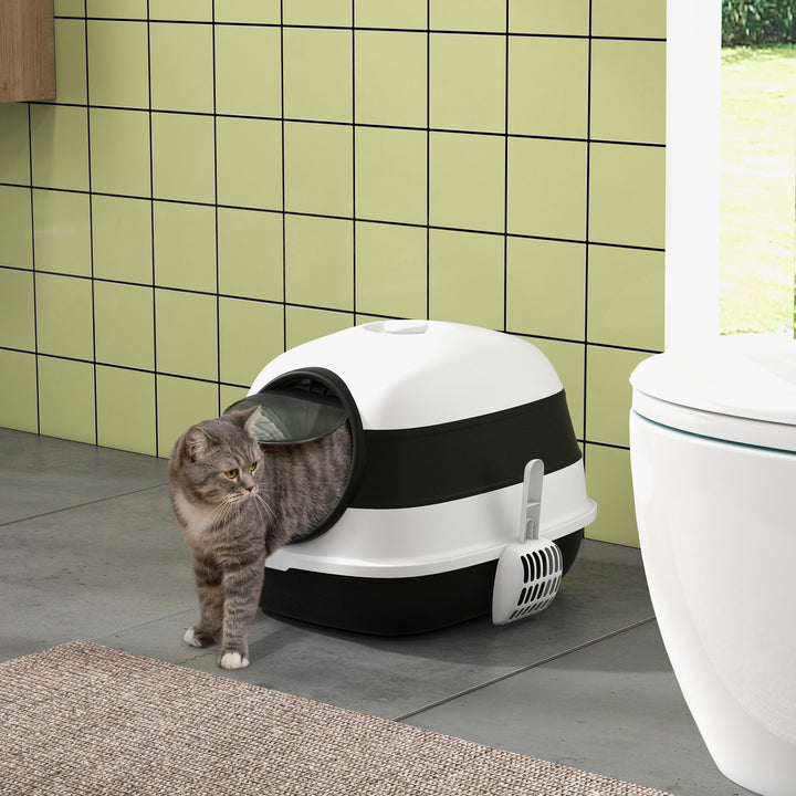 PawHut Foldable Large Cat Litter Box with Lid, Covered Kitten Litter Box w/ Automatic Cat Litter-Proof Sides, Deodorization, Easy to Clean, White and Grey