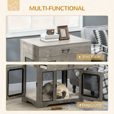PawHut Dog Crate Furniture with Cushion, 2 Doors, Storage, Dog Kennel End Table for Small Medium Dogs, Grey