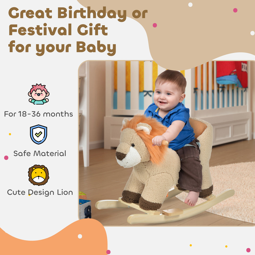 Qaba Baby Rocking Horse Lion Design Plush Stuffed Rocking Chair, Wooden Rocking Horse with Sound, Seat Belt for 18-36 Months Boys and Girls Gift, Brown