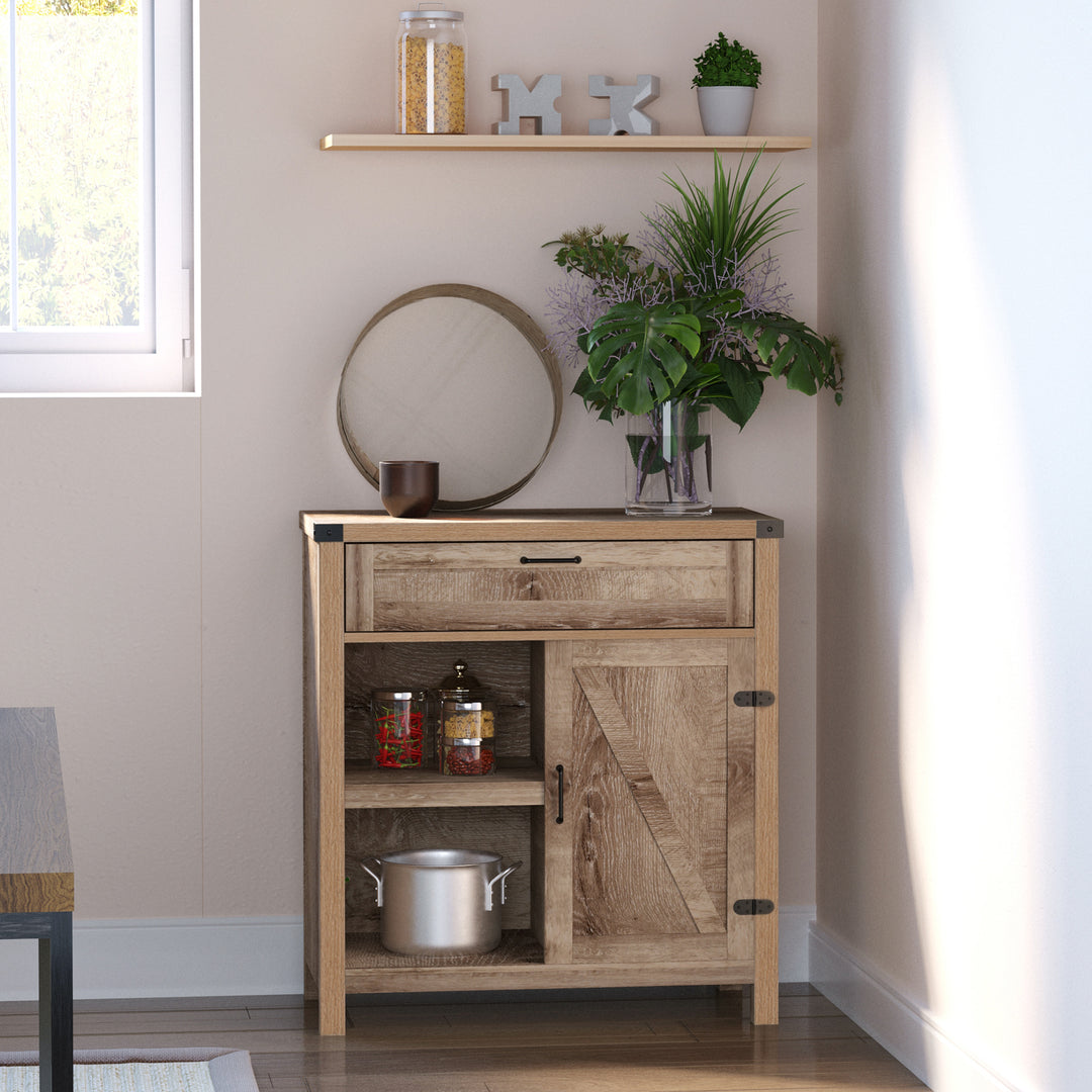 HOMCOM Rustic Barn Door Storage Cabinet Modern Farmhouse Buffet Sideboard for Kitchen and Dining Room White