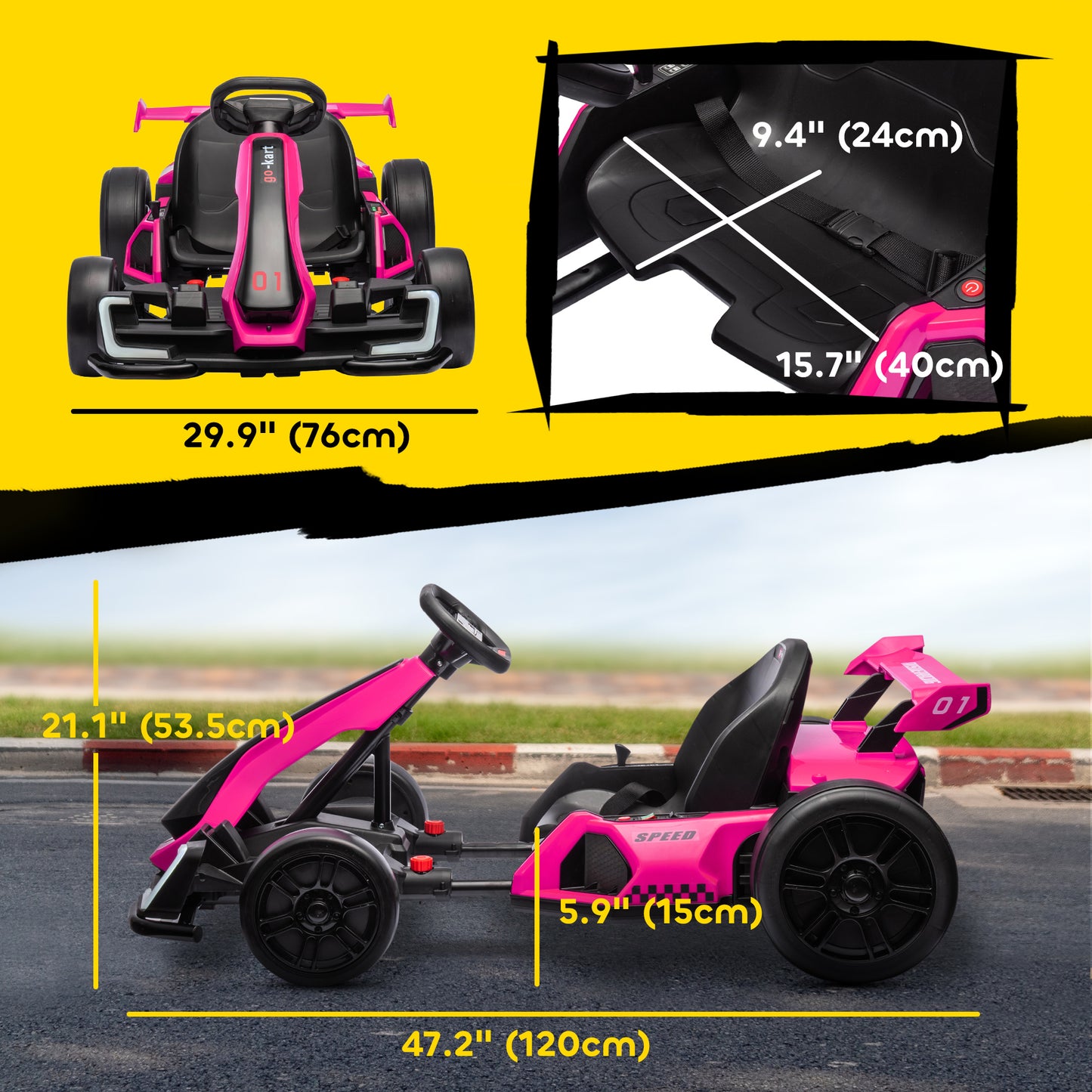 Aosom 24V Electric Go Kart, Battery Powered Kids Drift Kart with Adjustable Seat, Seat Belt, Horn, Music, Light, White