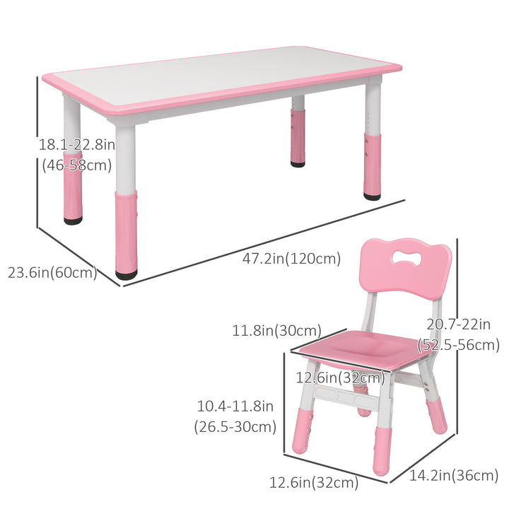 Qaba Kids Table and Chair Set with 4 Chairs, Adjustable Height, Easy to Clean, for 1.5 - 5 Years Old, Pink