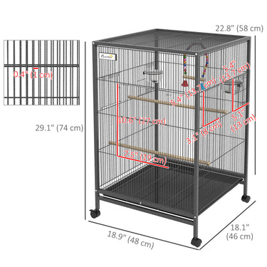 PawHut 29" Bird Cage for Parrots Lovebirds Budgies Finches, Flight Cage with 5 Doors, Swing, Stainless Steel Bowls, Removable Tray, Wheel, Grey