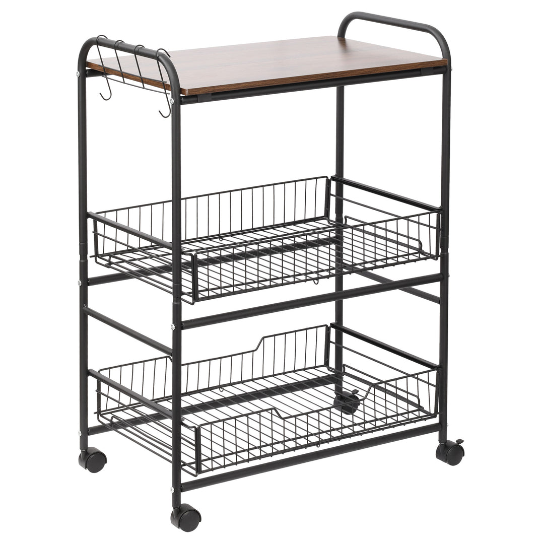 HOMCOM Rolling Kitchen Cart, 3-Tier Utility Storage Cart with 2 Basket Drawers & Side Hooks, Lockable Casters for Dining Room
