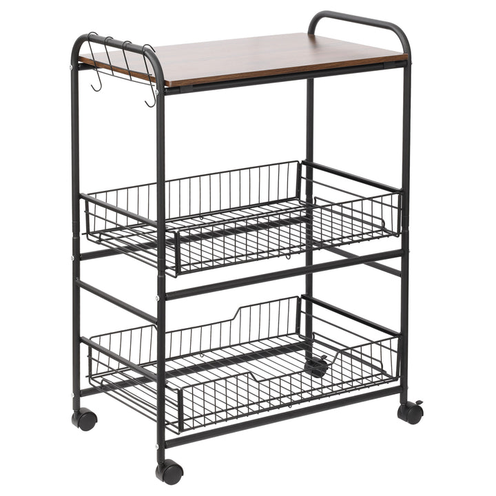 HOMCOM Rolling Kitchen Cart, 3-Tier Utility Storage Cart with 2 Basket Drawers & Side Hooks, Lockable Casters for Dining Room