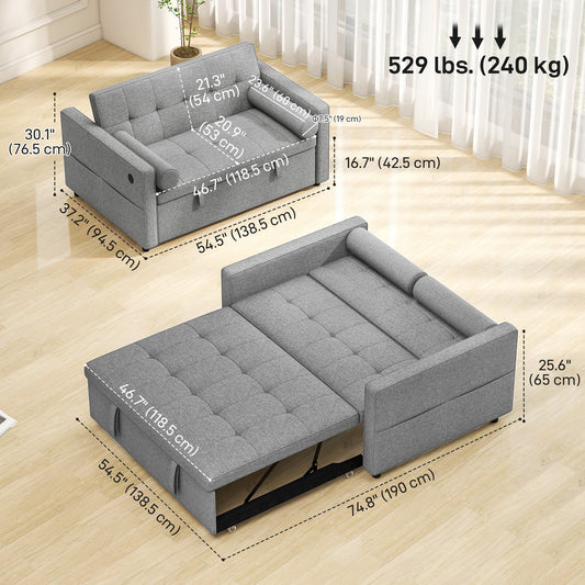 HOMCOM Pull Out Sofa Bed, Sleeper Sofa Couch with USBâ€‘A+C, Small Linen Loveseat Futon Couch for Living Room, Grey