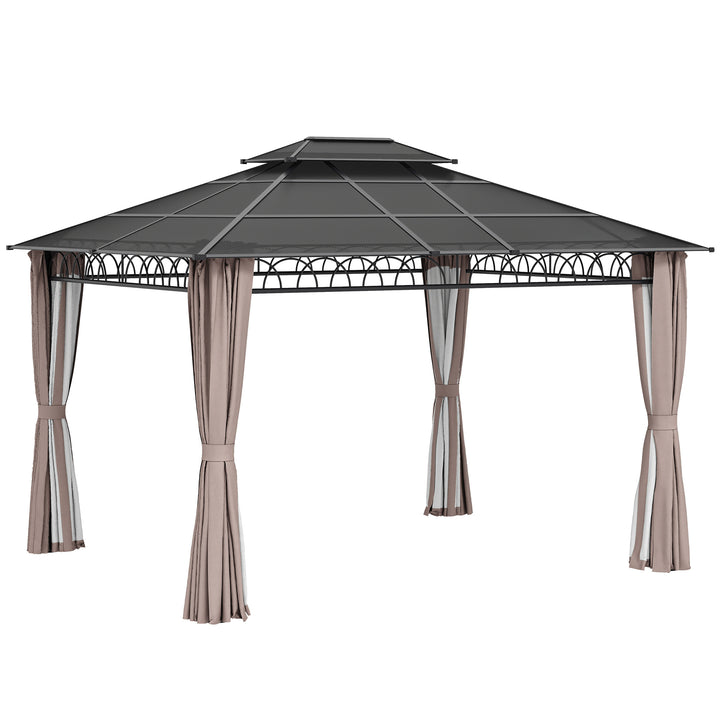 Outsunny 10' x 12' Outdoor Gazebo Canopy, Double Roof Hardtop Gazebo with Polycarbonate Roof, Steel Frame, Nettings and Curtains, for Garden, Lawn, Backyard and Deck, Khaki