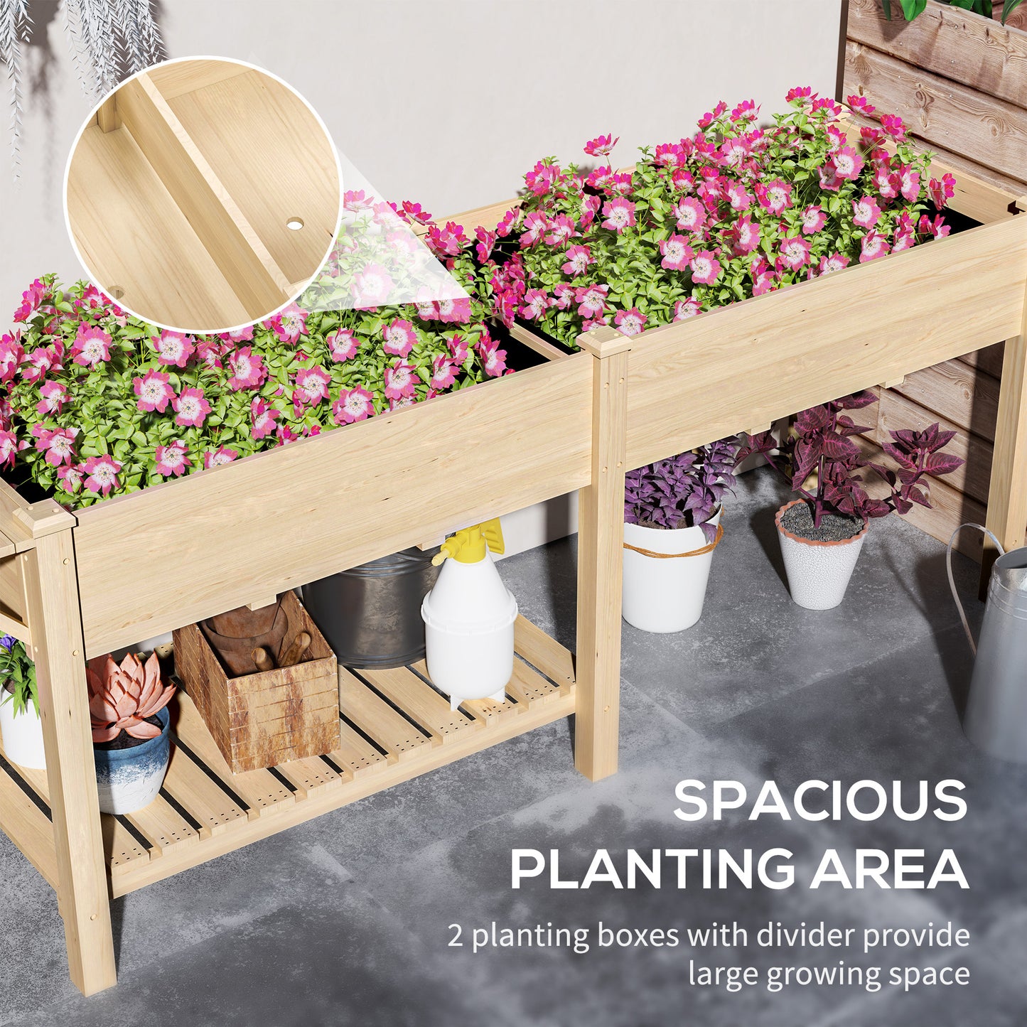Outsunny Raised Garden Bed, Wood Planter Box with Side Table, Bottom Shelf, Bed Liners and Drainage Holes, Natural