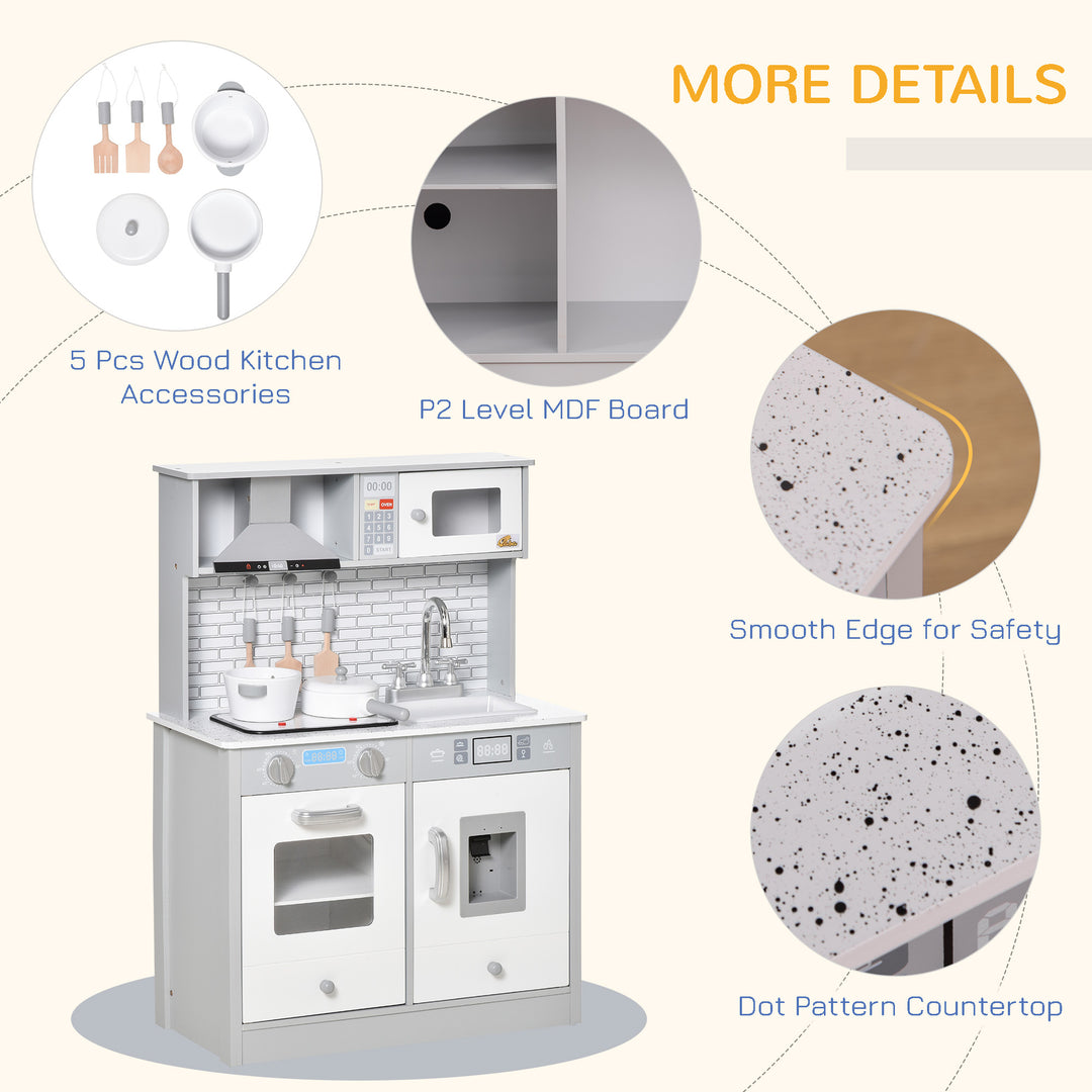 Qaba Kids Kitchen Play Cooking Toy Set, Educational Pretend Role Playset Game with Sound & Light Effect, Battery Operated Cooktop, Ice Machine, Dot Pattern Countertop, for 3-6 Years Old