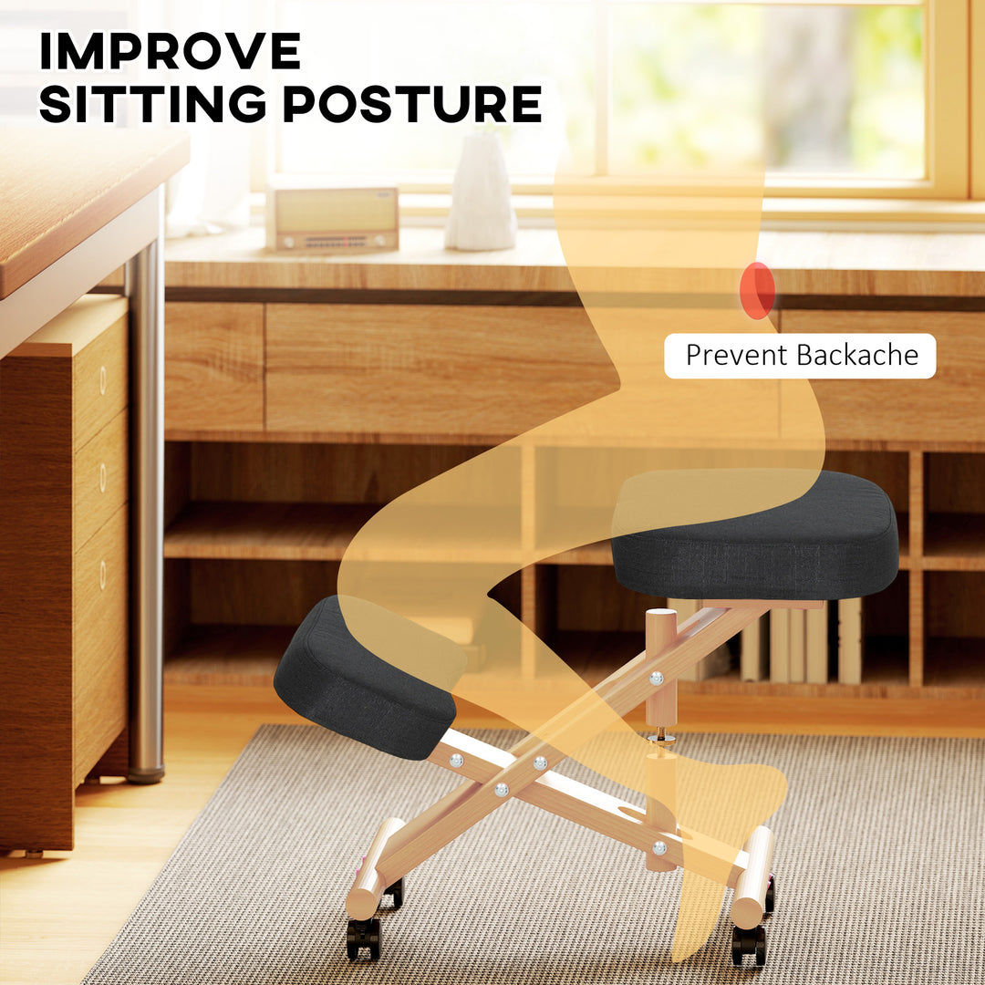 HOMCOM Ergonomic Kneeling Chair, Posture Chair with Rubberwood Frame, Wheels for Home Office, Posture Correction, Cream White