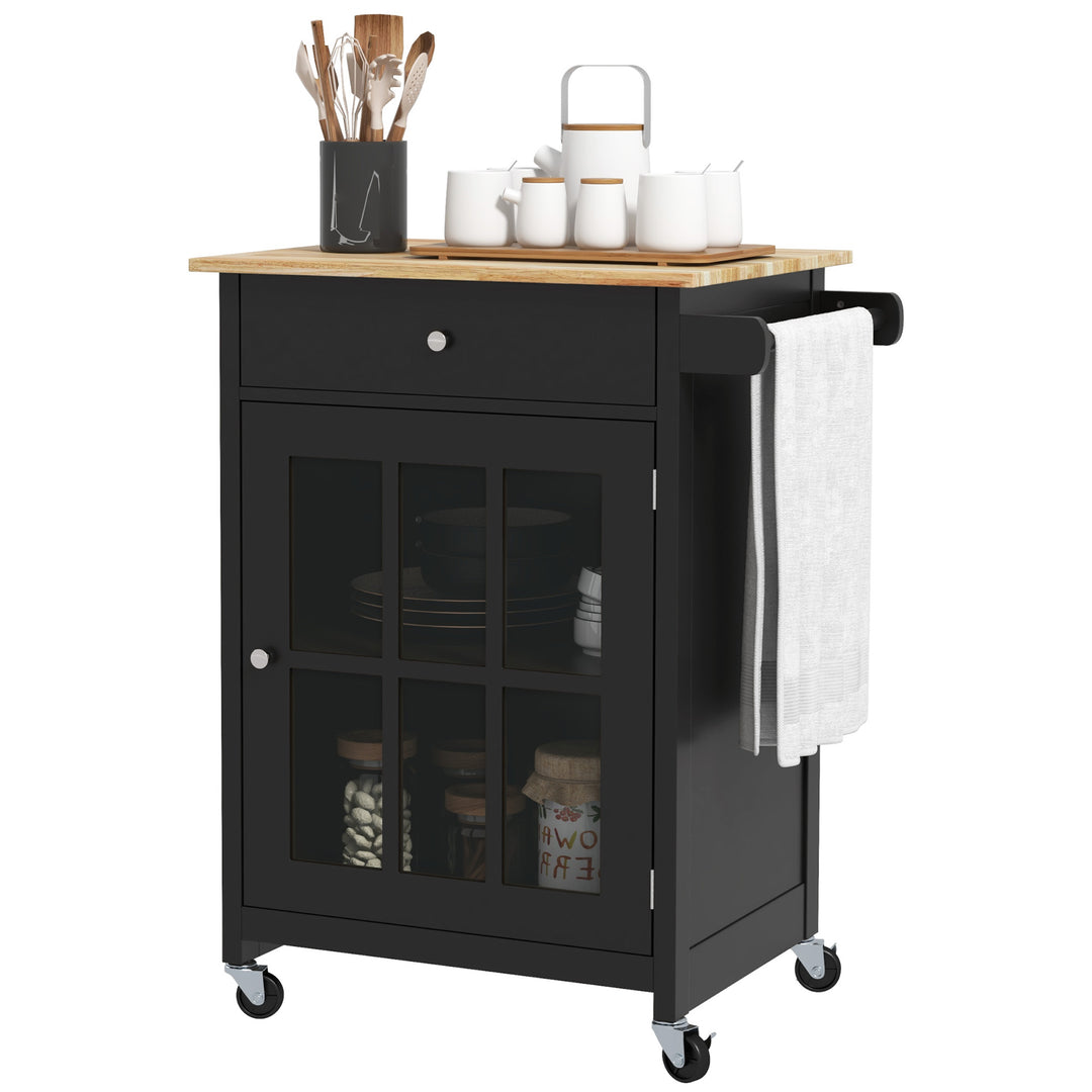HOMCOM Rolling Kitchen Cart with Drawer and Glass Door Cabinet, Kitchen Island on Wheels with Towel Rack, White