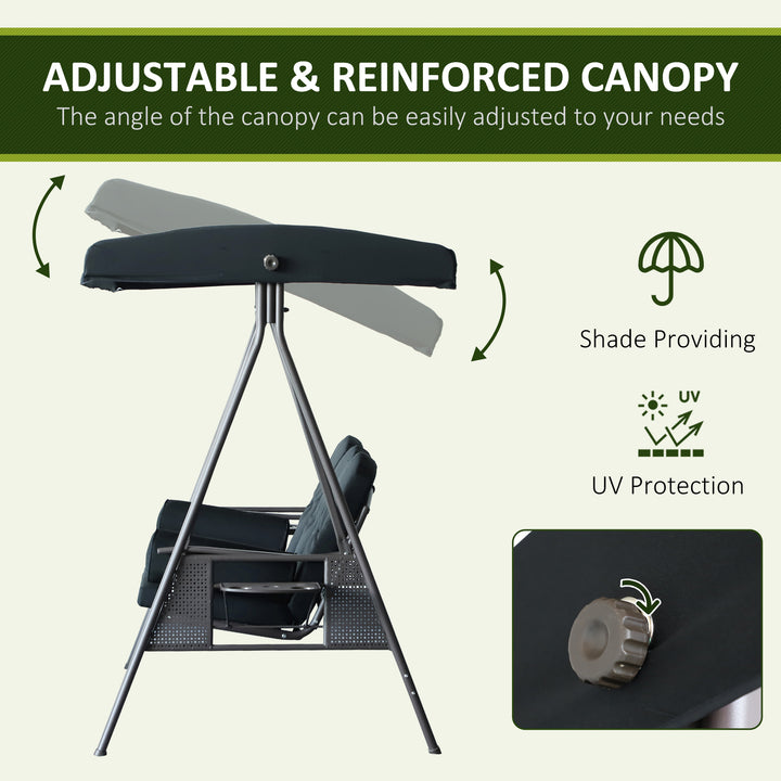 Outsunny Outdoor Patio 3-Person Steel Canopy Cushioned Seat Bench Swing with Included Side Trays & Padded Comfort, Black