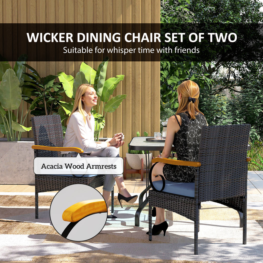 Outsunny Set of 2 Rattan Outdoor Dining Chairs, Wicker Patio Chairs with Removable Cushion, Acacia Wood Armrests, Light Grey