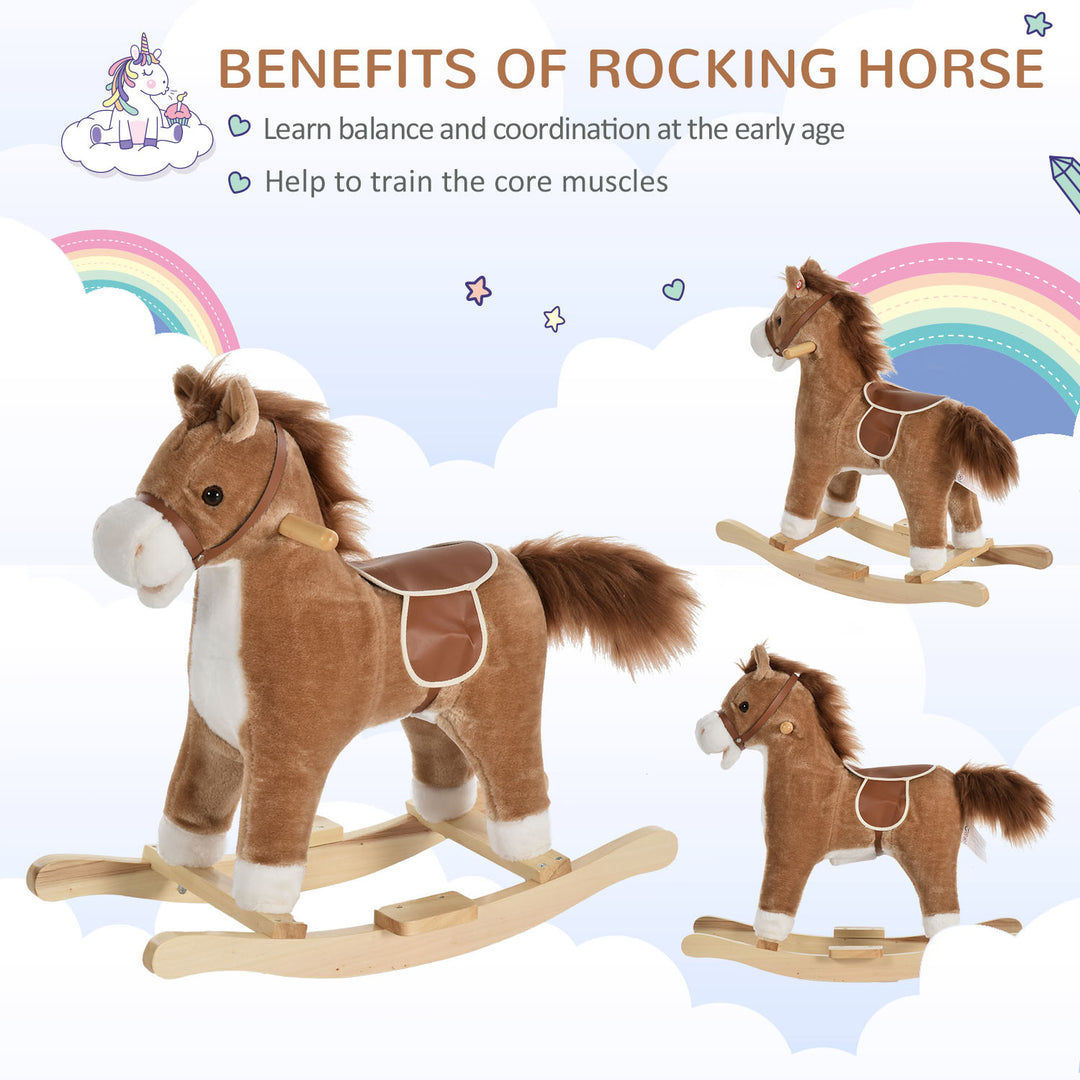 Qaba Rocking Horse Plush Animal on Wooden Rockers with Sounds, Wooden Base, Baby Rocking Chair for 36-72 Months, Brown