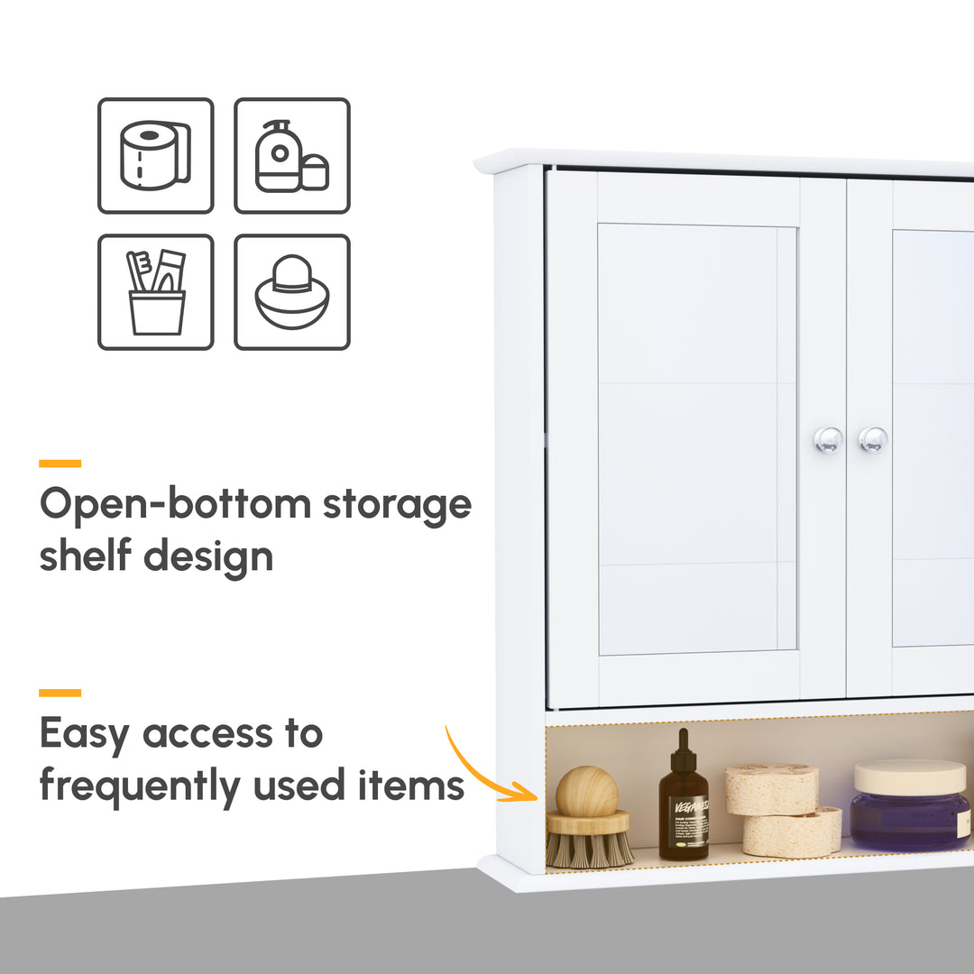 kleankin Medicine Cabinet, Wall-Mounted Bathroom Mirror Cabinet with Double Doors, Open Shelf, and Adjustable Shelf, Modern Bathroom Wall Cabinet, White