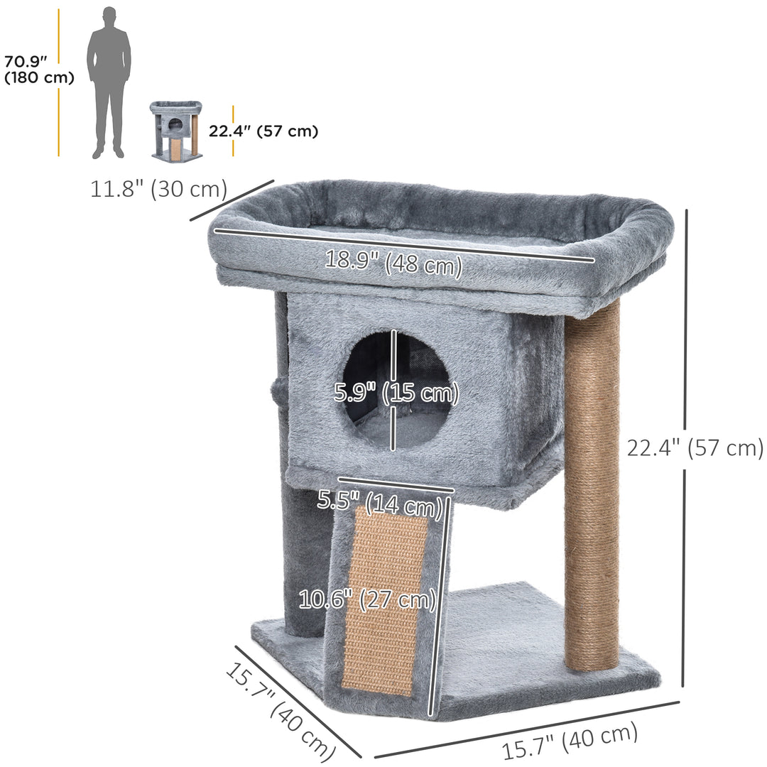 PawHut Cat Tree, Small Cat Tower with Perch, Scratching Post, Cat Condo, Toy Ball for Kitty, Indoor Use, Grey