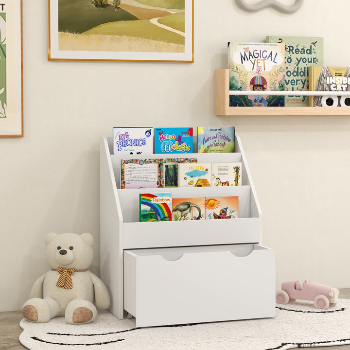 Qaba Kids Bookshelf with 3 Tier Display Shelves, Drawer for Nursery, White