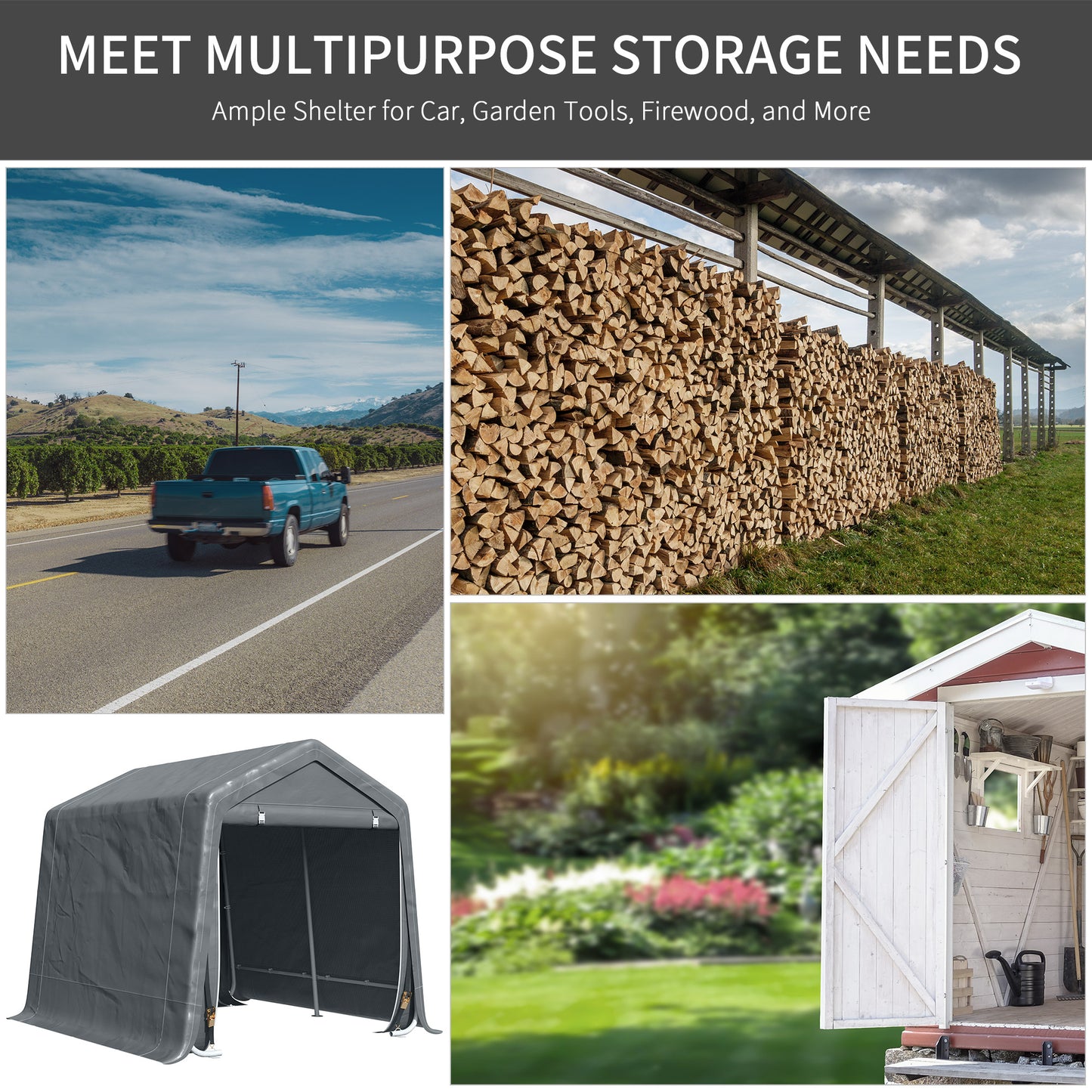 Outsunny 7.9' x 6.6' Garden Storage Tent, Patio Storage Shelter w/ Metal Frame and Double Zipper Doors, Dark Grey