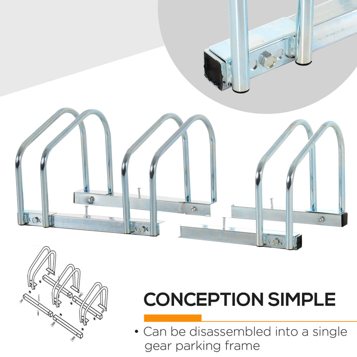 HOMCOM 3-Bike Bicycle Floor Parking Rack Cycling Storage Stand Ground Mount Garage Organizer for Indoor and Outdoor Use Silver