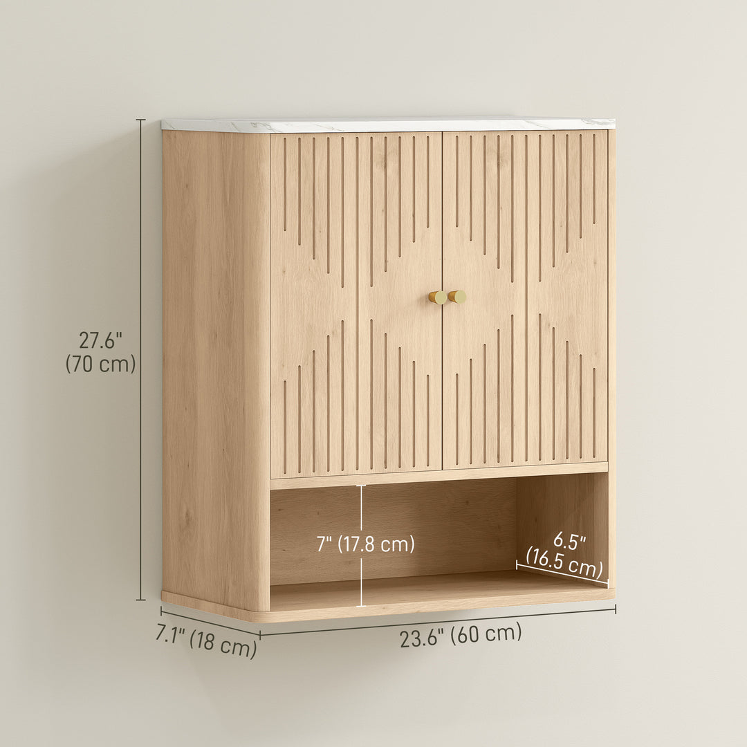 HOMCOM Bathroom Wall Cabinet, Wall-Mounted Medicine Cabinet with Adjustable Shelf, Open Shelf and Marble Effect Top, Oak