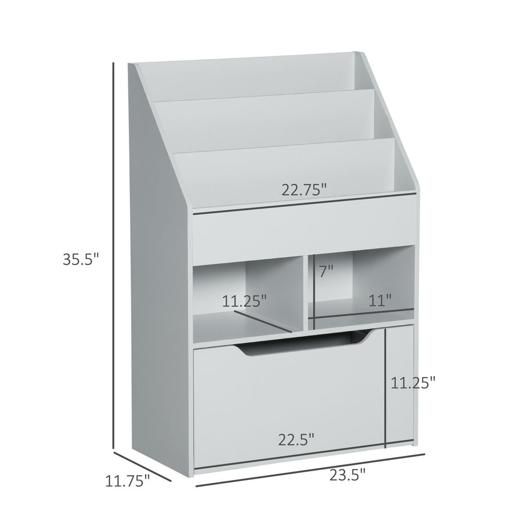 HOMCOM Kids Bookcase Multi-Shelf Rack Organizer with Storage Drawer for Books for Reading Nook, Classroom, Bedroom, Playroom, Grey