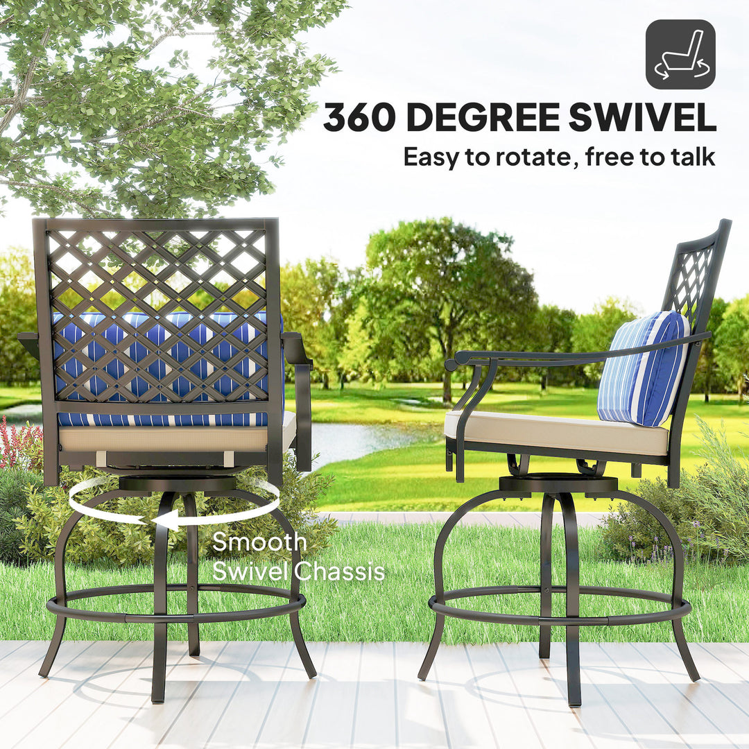 Outsunny Outdoor Bar Stools Set of 2, Bar Height Swivel Patio Chairs with Cushion, Pillow Footrest for Poolside, Backyard