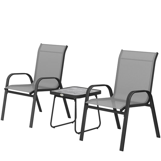 Outsunny Outdoor Bistro Set of 3, 3-Piece Patio Set with Breathable Mesh Fabric, Stackable Chairs and Square Table, Light Grey