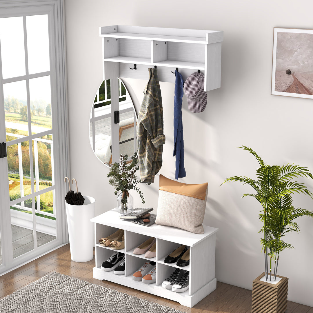HOMCOM Coat Rack Shoe Bench Set, Entryway Shoe Bench with 8 Storage Cubbies, 4 Hooks for Hallway, Living Room, White