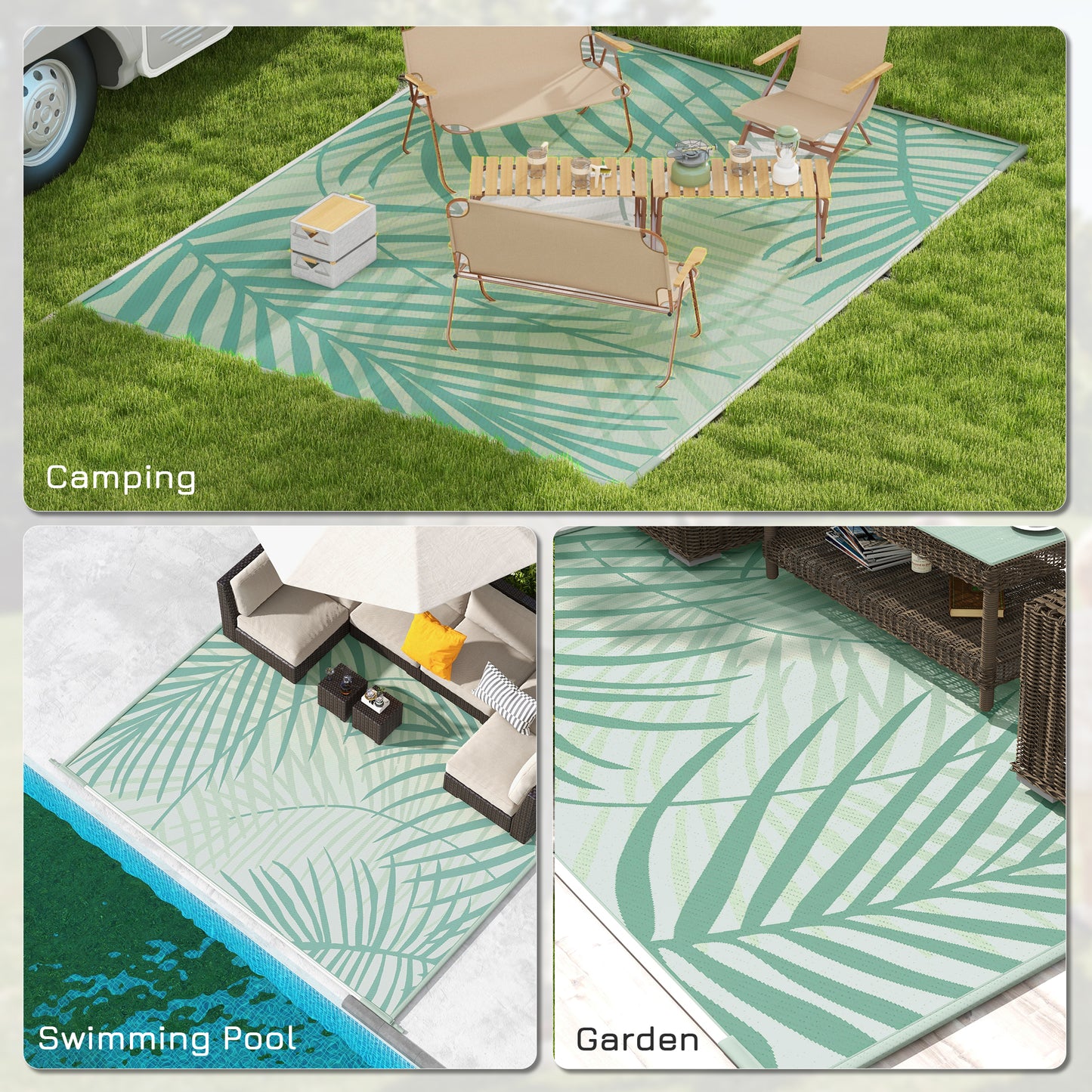 Outsunny Reversible Outdoor Rug with Carry Bag, 9' x 12' Waterproof Rug, Portable RV Camping Carpet for Backyard