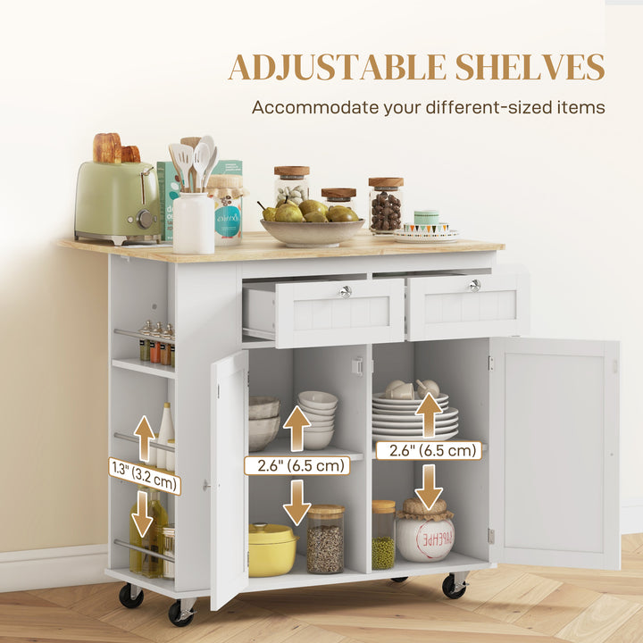 HOMCOM Kitchen Island with Power Outlet and Drop Leaf, Rolling Kitchen Cart with 2 Drawers and Adjustable Shelves, White