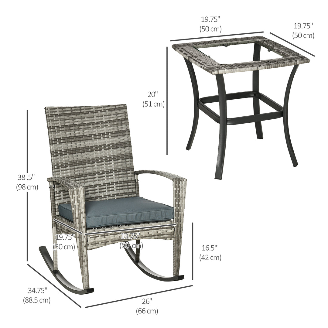 Outsunny 3 Pieces Patio Wicker Rocking Chair Set,  Outdoor PE Rattan Bistro Set Conversation Rocker Set with 2 Chairs 1 Coffee Table for Backyard, Deck, Poolside, Dark Grey
