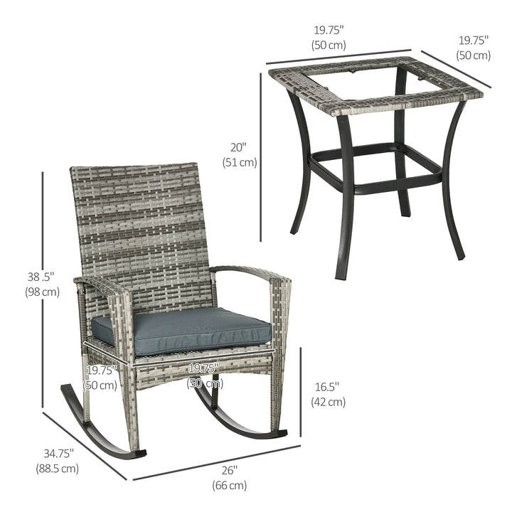Outsunny 3 Pieces Patio Wicker Rocking Chair Set,  Outdoor PE Rattan Bistro Set Conversation Rocker Set with 2 Chairs 1 Coffee Table for Backyard, Deck, Poolside, Dark Grey