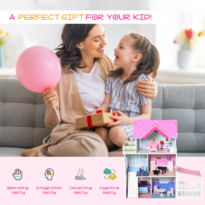 Qaba 2.9ft Kids Wooden Dollhouse Dreamhouse Villa with Patio Dollhouse with Furniture Accessories Kit for Toddler Girls Multi-level House for Children Pink