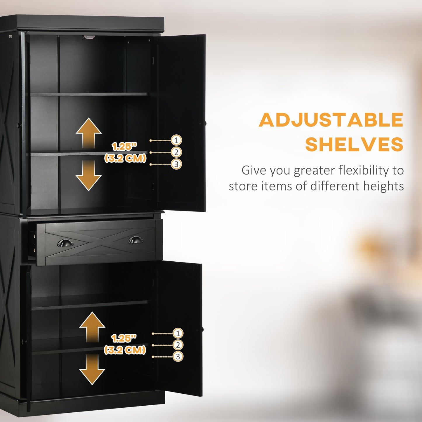 HOMCOM 72.5" Kitchen Pantry Cabinet, Freestanding Storage Cabinet with 4 Doors, Drawer and Adjustable Shelves, Black