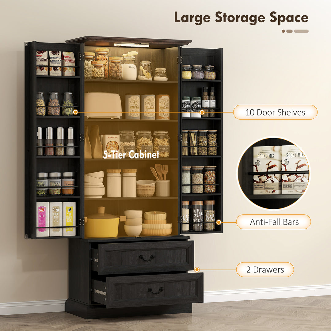 HOMCOM 72" LED Kitchen Pantry Cabinet, Buffet Storage Cabinet with 10 Door Shelves, 2 Drawers and Adjustable Shelves, White