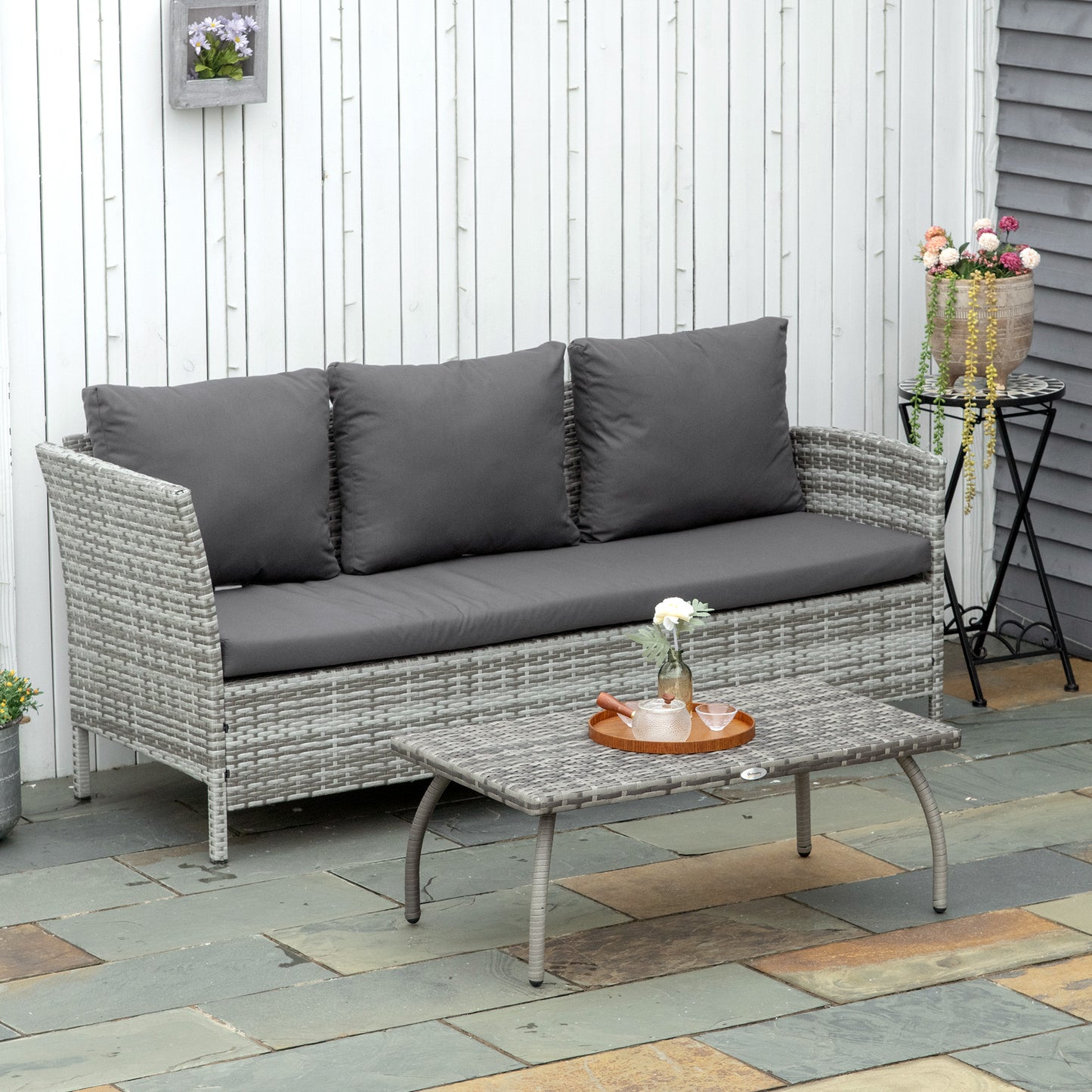 Outsunny 18" Rattan Coffee Table Outdoor Side Table Patio Wicker Furniture, Small Square with All-Weather PE for Garden, Balcony, Backyard, Poolside, Grey